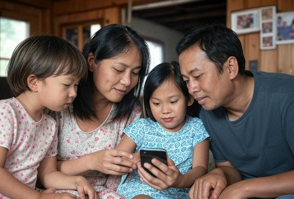 Familia mirando un teléfono