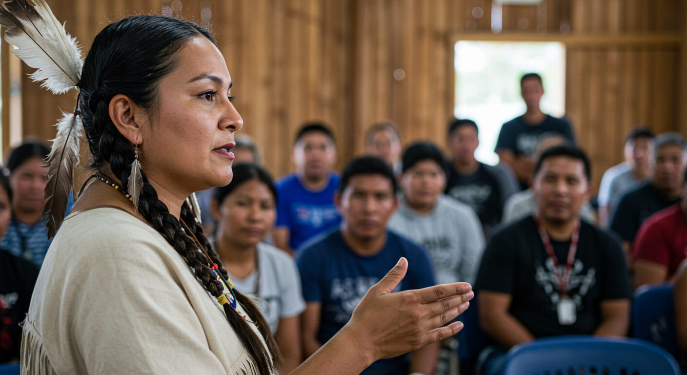 Mujer indígena liderando reunión comunitaria
