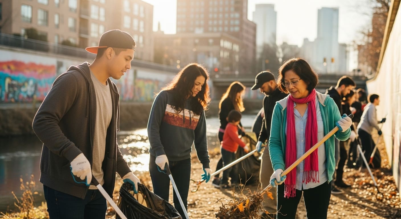 Vecinos limpiando un río urbano