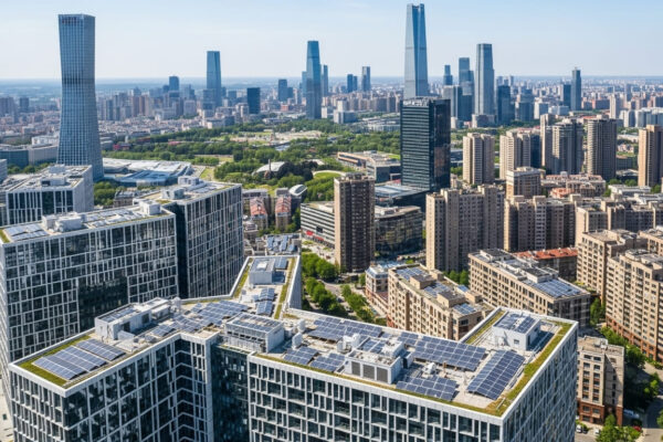 Ciudad verde con paneles solares