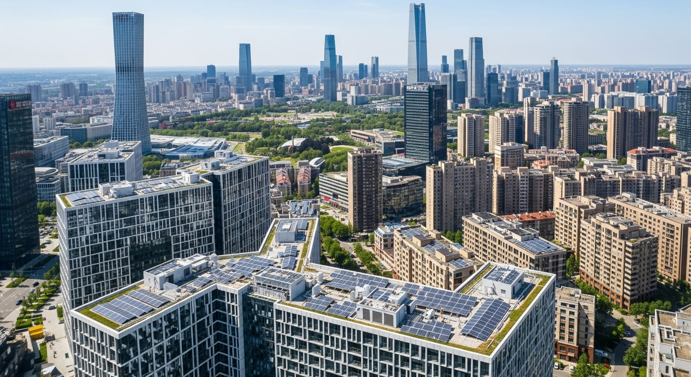 Ciudad verde con paneles solares