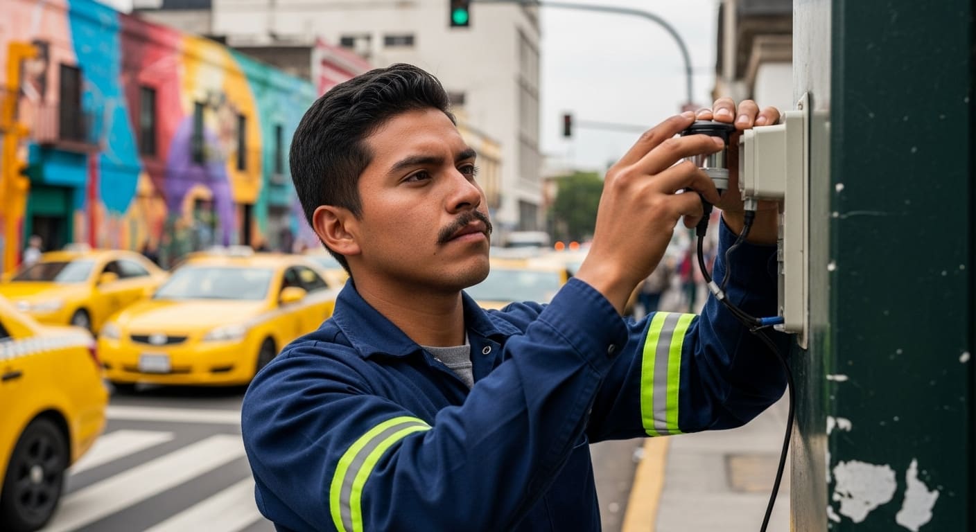 Técnico guatemalteco instalando un sensor en una calle
