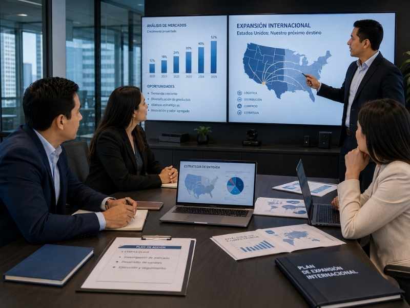 Equipo empresarial desarrollando estrategia de expansión hacia Estados Unidos.