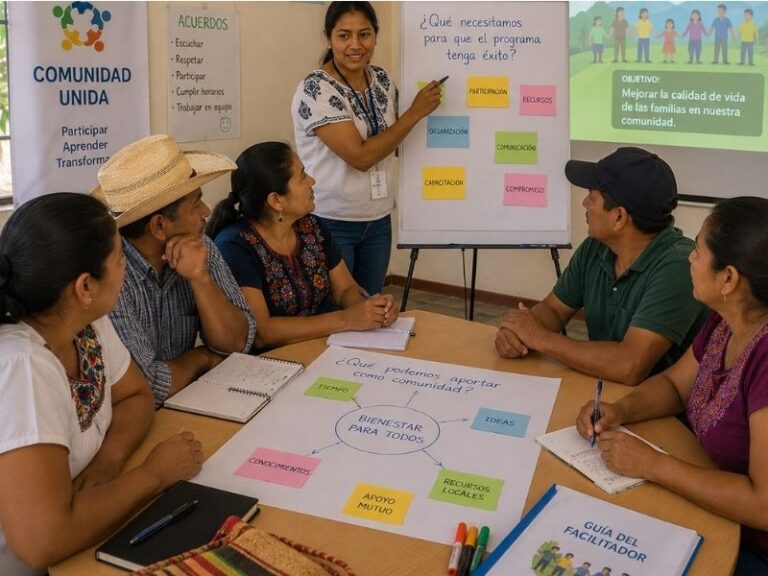 Líderes comunitarios participan en un taller para implementar un programa social.