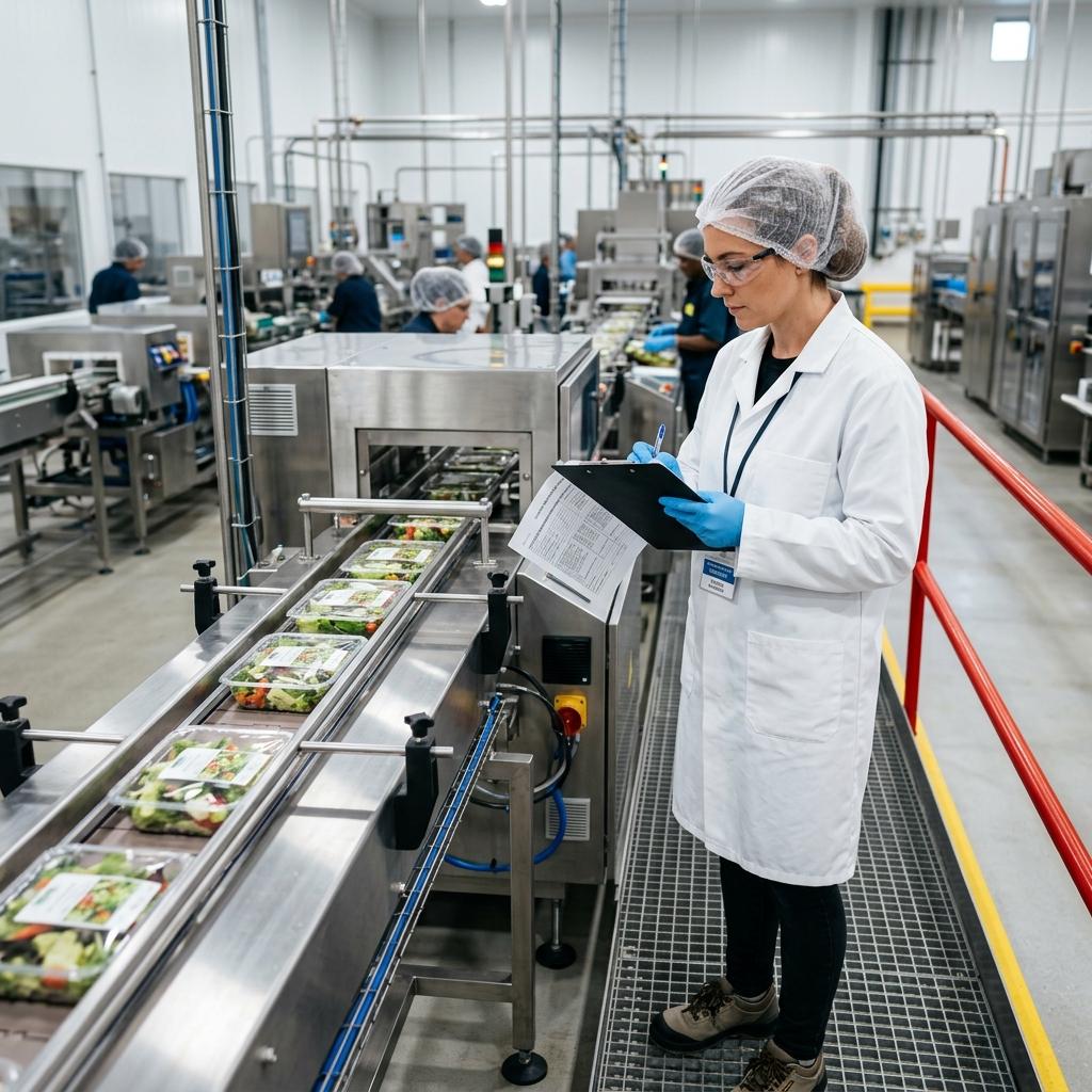 Inspección de calidad en una planta de alimentos como parte del cumplimiento de certificaciones alimentarias en Guatemala.