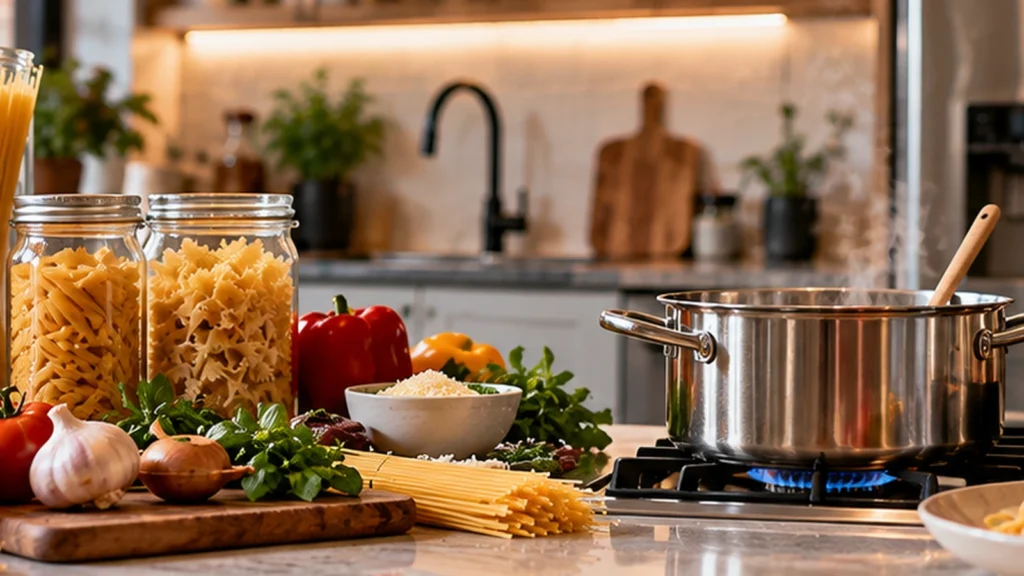 Cocina con estufa de gas, utensilios modernos e ingredientes frescos, reflejando la evolución de la cocina y los cambios en la preparación de alimentos.