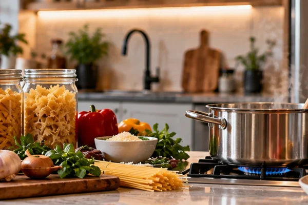 Cocina con estufa de gas, utensilios modernos e ingredientes frescos, reflejando la evolución de la cocina y los cambios en la preparación de alimentos.