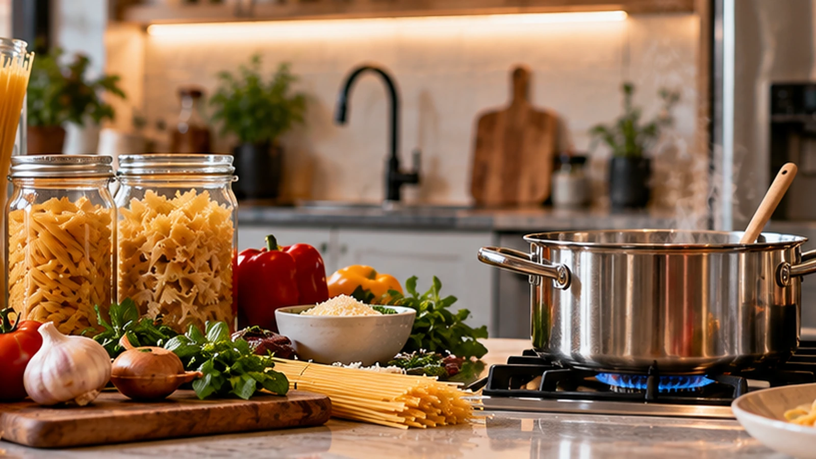 Cocina con estufa de gas, utensilios modernos e ingredientes frescos, reflejando la evolución de la cocina y los cambios en la preparación de alimentos.