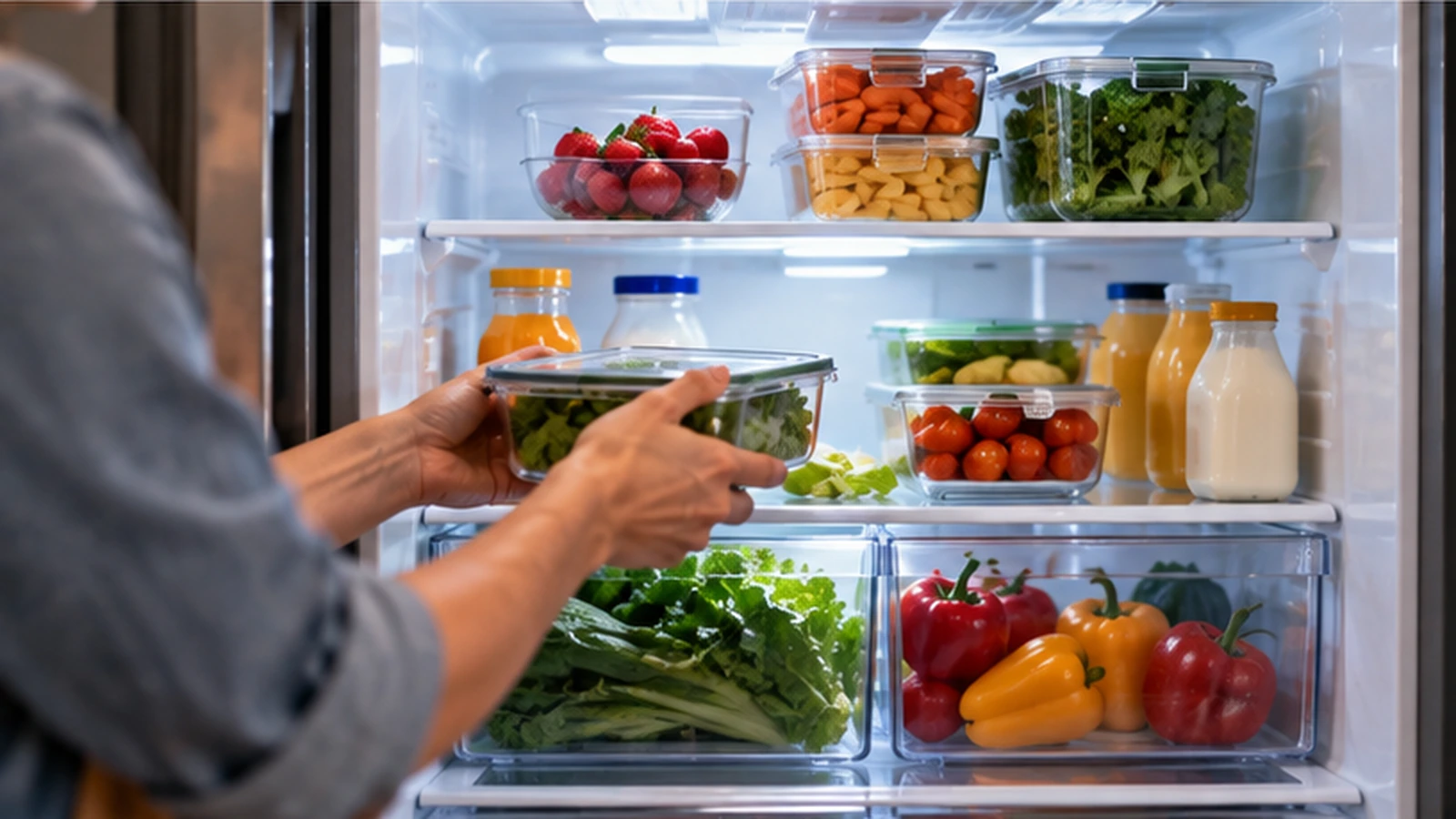 Persona organizando recipientes con frutas y verduras frescas dentro de un refrigerador, mostrando cómo la refrigeración transformó la conservación de alimentos.