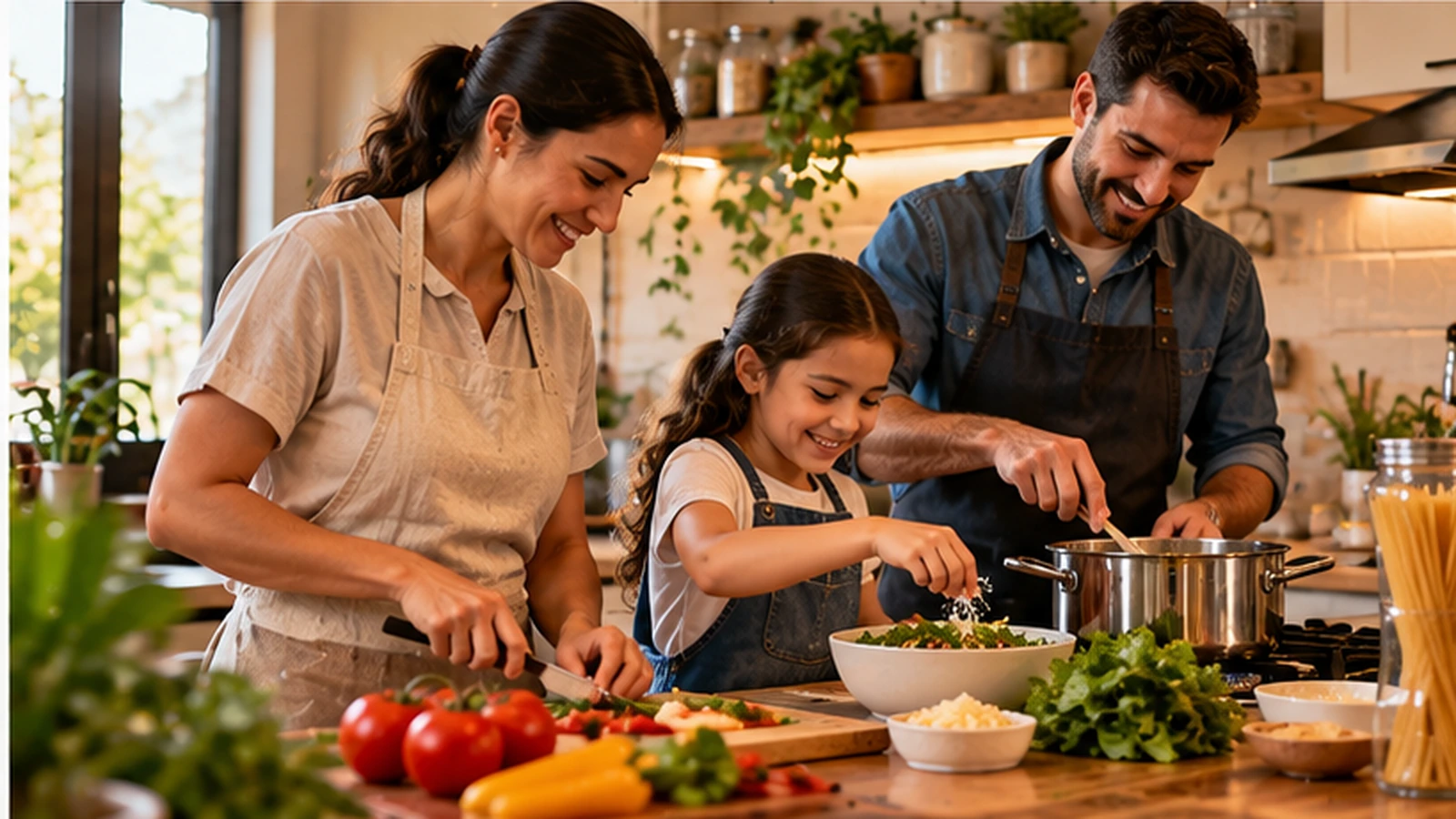 Persona preparando verduras en una cocina moderna con licuadora y una tableta digital que muestra una receta, ejemplo de la evolución de la cocina doméstica.