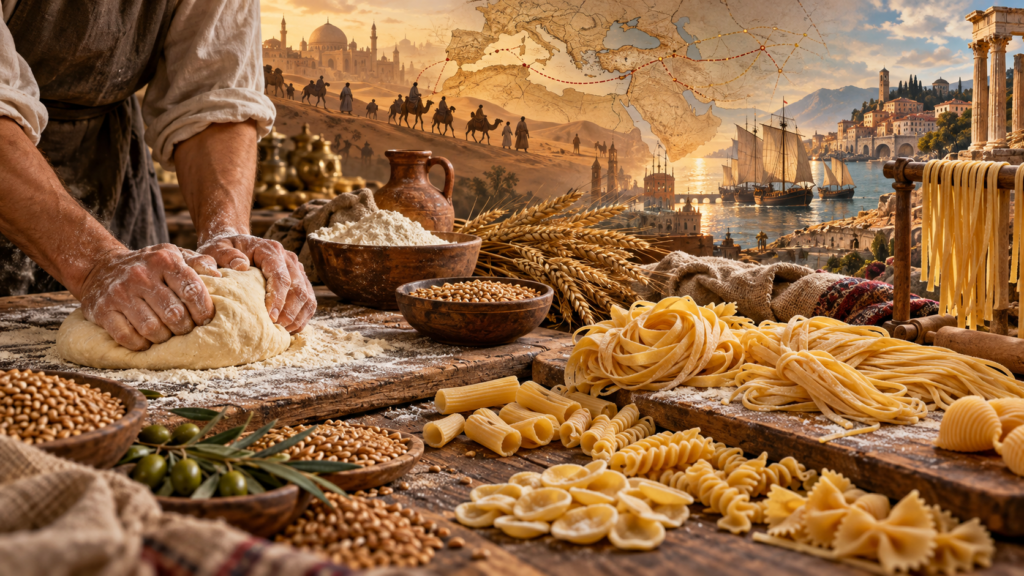 Representación de la historia de la pasta con amasado artesanal, distintos tipos de fideos y antiguas rutas comerciales.