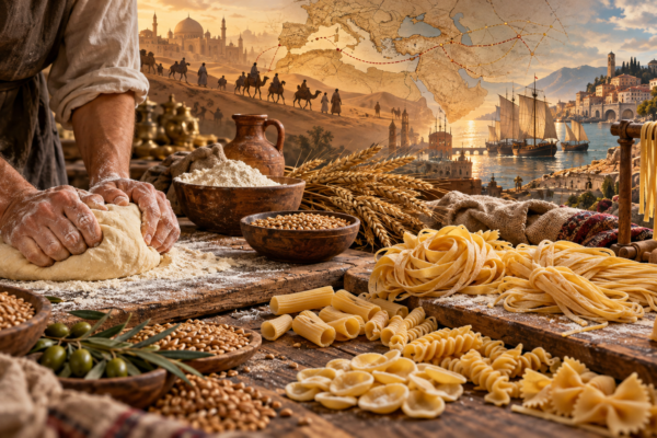 Representación de la historia de la pasta con amasado artesanal, distintos tipos de fideos y antiguas rutas comerciales.