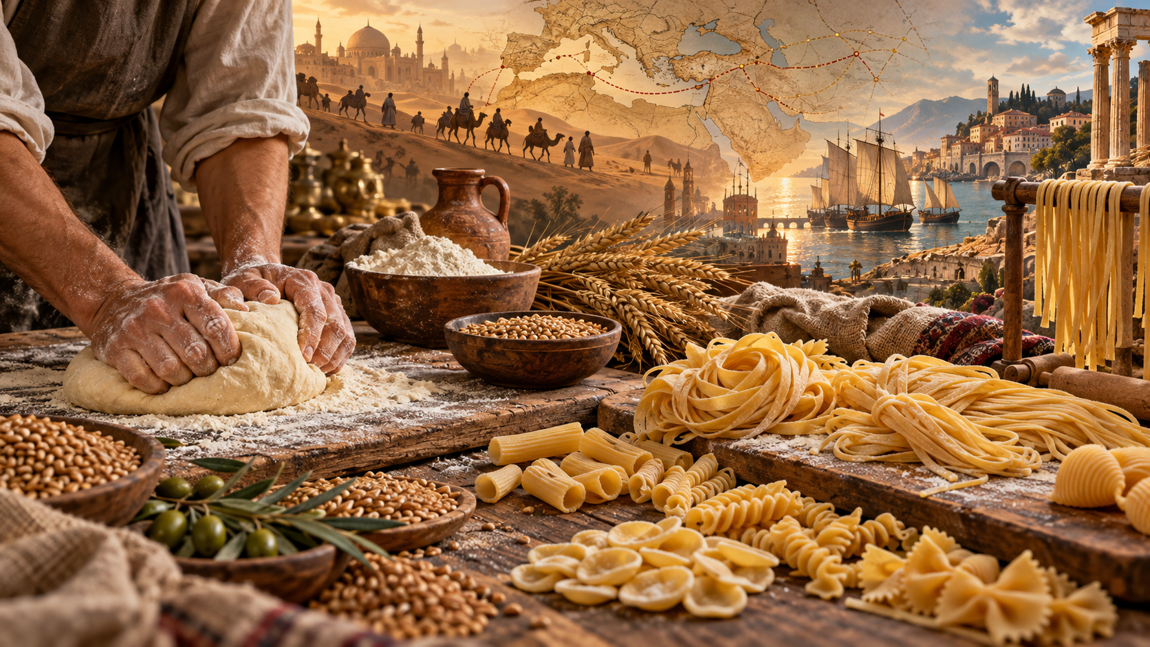 Representación de la historia de la pasta con amasado artesanal, distintos tipos de fideos y antiguas rutas comerciales.