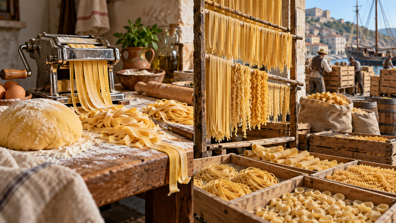 Máquina artesanal para elaborar pasta fresca y estructuras de secado que muestran la evolución de la historia de la pasta.