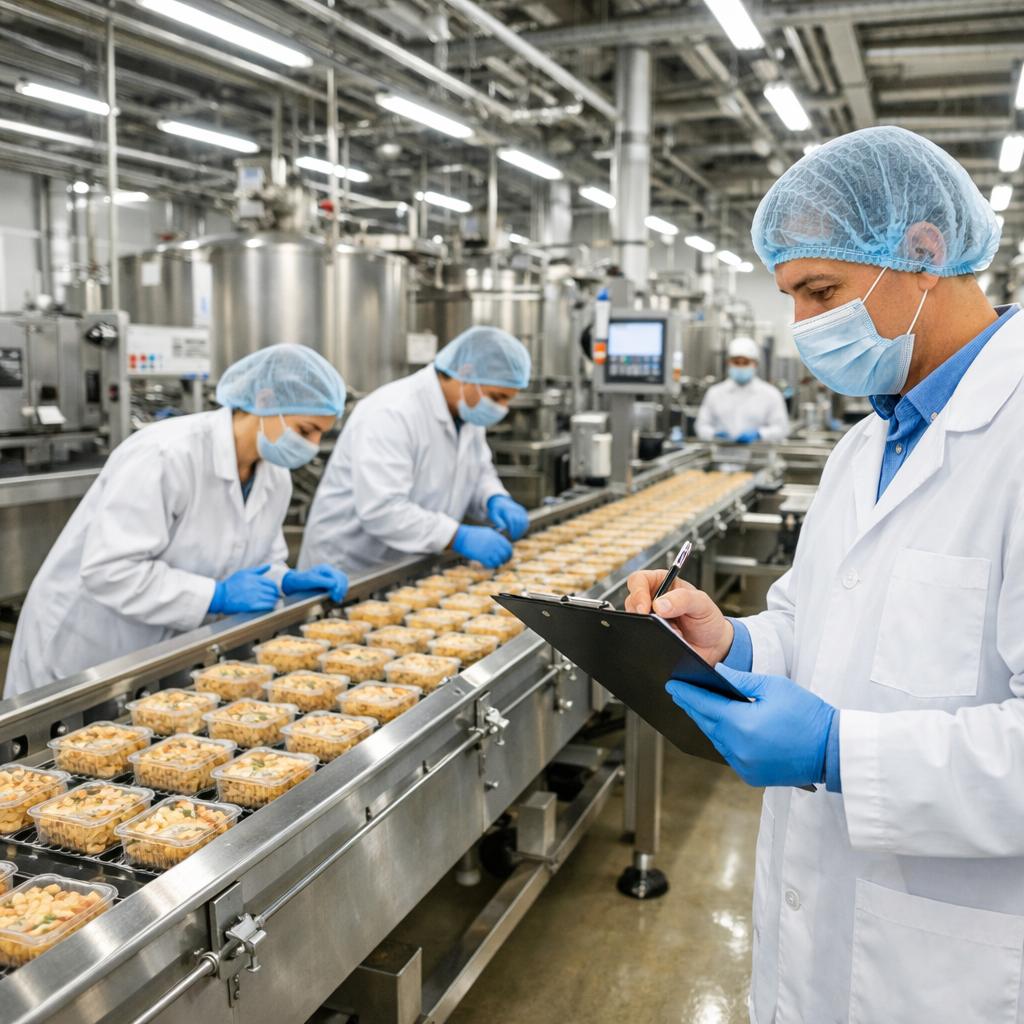 Especialista con equipo de protección supervisando productos en una línea de producción alimentaria para verificar su calidad.