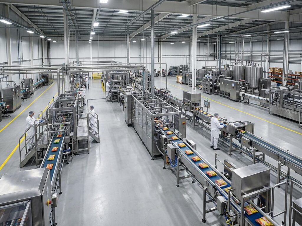 Interior de una planta de producción de alimentos con maquinaria industrial, bandas transportadoras y trabajadores.