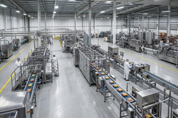 Interior de una planta de producción de alimentos con maquinaria industrial, bandas transportadoras y trabajadores.