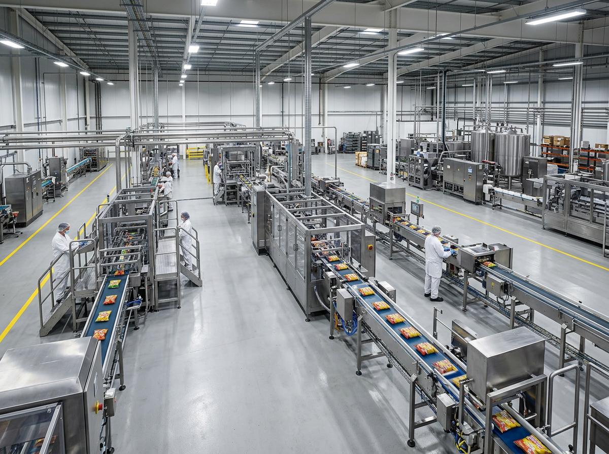 Interior de una planta de producción de alimentos con maquinaria industrial, bandas transportadoras y trabajadores.